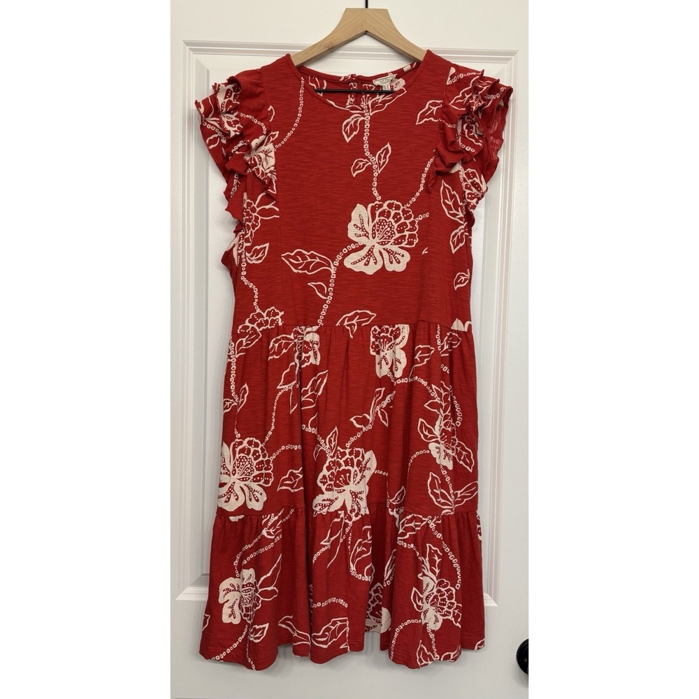Fat Face Red White Floral Ruffle Sleeve Button Knee Length Dress USA 14